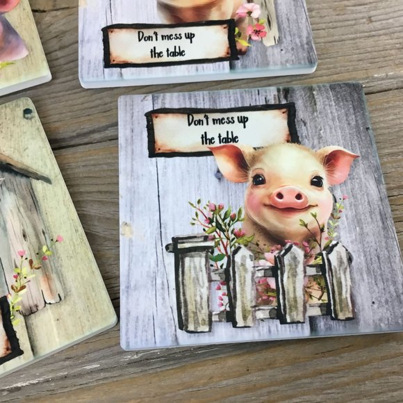 Pig Don't Mess up the Table Set of 4 Sandstone Coasters - Picture 2 of 7